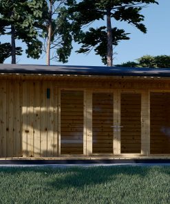 Houten hut – TINA 20 m², 7×4 m (34 mm + 19 mm houten bekleding)